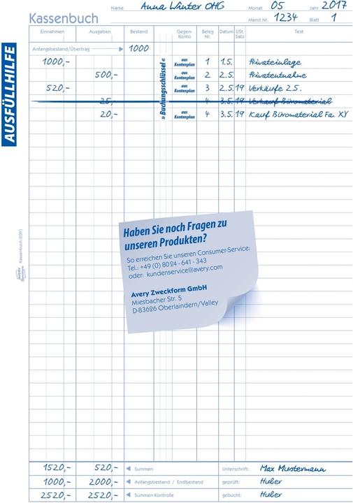 Nährwerte und Zutaten Avery RecyclingÂ Kassenbuch (100 x)