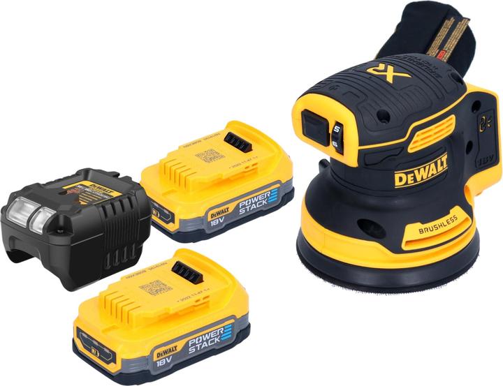 1x levigatrice rotorbitale a batteria DeWalt DCW 210, 2x batteria DeWalt DCBP 034 18 V 1,7 Ah Powerstack, 1x caricabatteria DeWalt DCB 1102