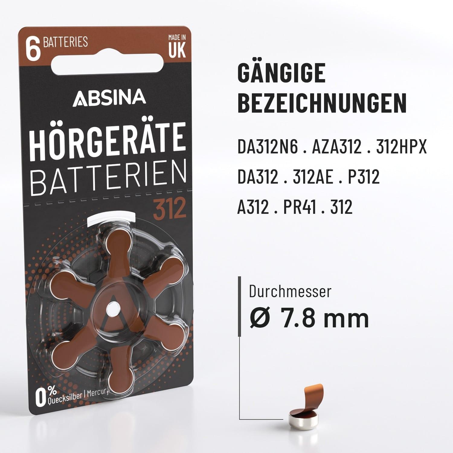 Thumbnail - Absina PR41 Hörgerätebatterie ZA 312 Zink-Luft 1.4 V 6 St. (6 Stk.), Batterien + Akkus