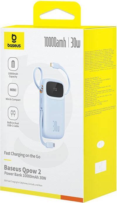 Image du produit Baseus Banque d'alimentation QPow 2 10000mAh 30W 2xUSB-C (blue) (10000 mAh, 30 W)