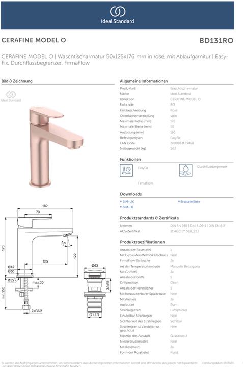 Actual product image Ideal Standard Cerafine O H120 basin mixer with push-open 125 mm projection
