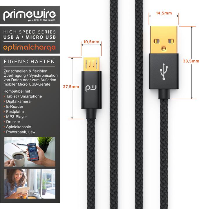Actual product image Primewire Micro USB Cable - 2.4A MicroUSB Fast Charging Cable, Nylon, Metal Plug, Data Cable Charging Cable (3 m, USB 2.0)