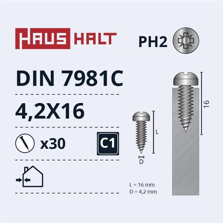 Image du produit Haushalt SELF SCREWS 4.2X16 DIN7981C ZN 30PCS (30 Vis par pièce)