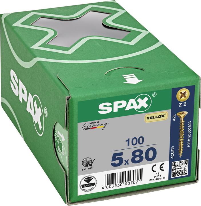 Actual product image Spax Countersunk Multi Head Cross Recess Z2 Fully Threaded Yellox (100 Screws per piece)