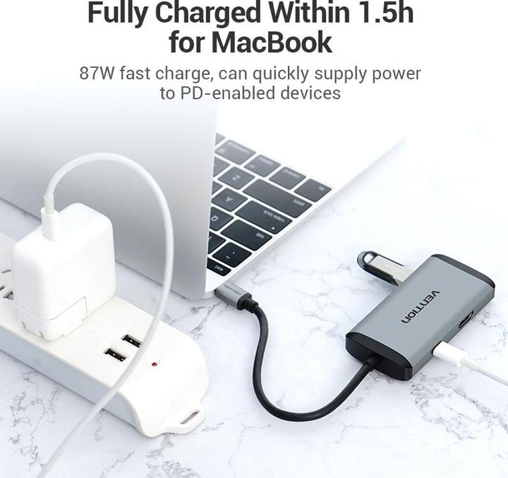 Actual product image Vention USB-C Docking Station to HDMI, 3x USB3.0, RJ45, PD 0.15m CNCHB, grey (USB-C, 5 Ports)