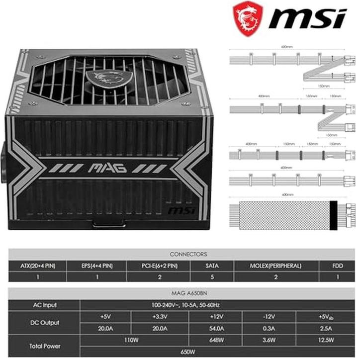 Produktbild MSI MAG A650BNL 650 Watt ATX 80+ Bronze Netzteil 120mm Lüfter (650 W)