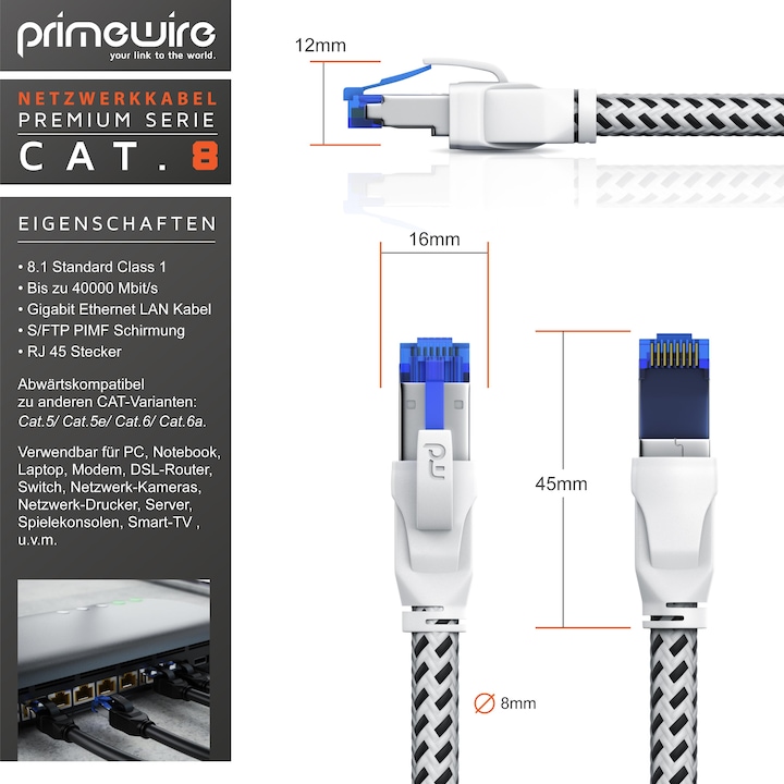 Actual product image Primewire CAT 8 network cable 40 Gbits - cotton jacket - LAN cable patch cable RJ45 - S/FTP PIMF shielding (S/FTP, PiMF, CAT8.1, 2 m)