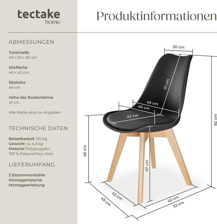 Actual product image tectake Dining Chairs Frederikke - padded, ergonomic shape, wooden legs