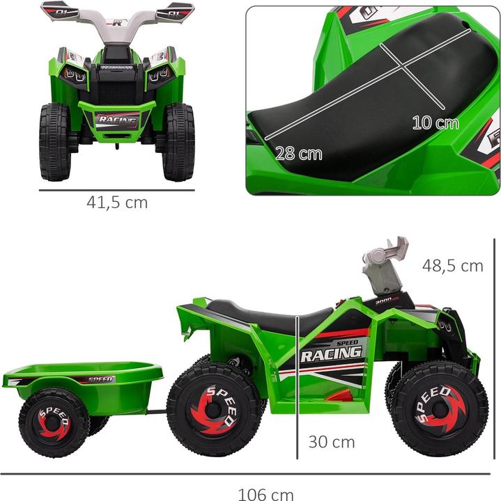 Immagine prodotto Homcom Quad per bambini, ricaricabile, 2,5 km/h, con rimorchio, 50 minuti di guida, per bambini da 1,5 a 3 (6 V)