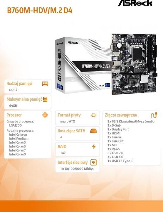 Produktbild AsRock B760M-HDV/M.2 D4 (LGA 1700, Intel B760, mATX)