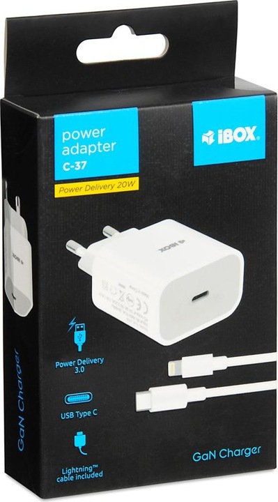 Actual product image iBox C-37 USB-C PD20W WALL CHARGER USB-C TO LIGHTNING CABLE (20 W)