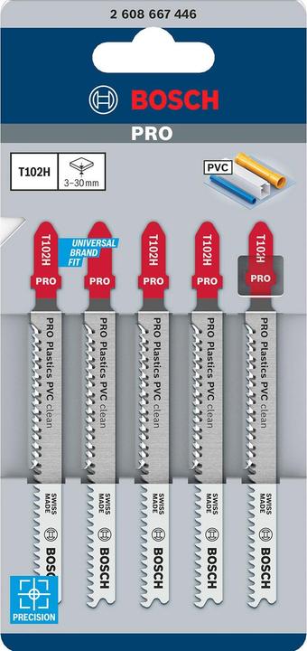 Image du produit Bosch Professional Zubehör Lame de scie sauteuse PRO Plastics PVC clean T102H, 100 mm, 5 pcs.