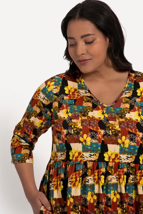 Actual product image Ulla Popken Unique Fall Tone Print Empire Knit A-line Pocket Dress (46, 48)