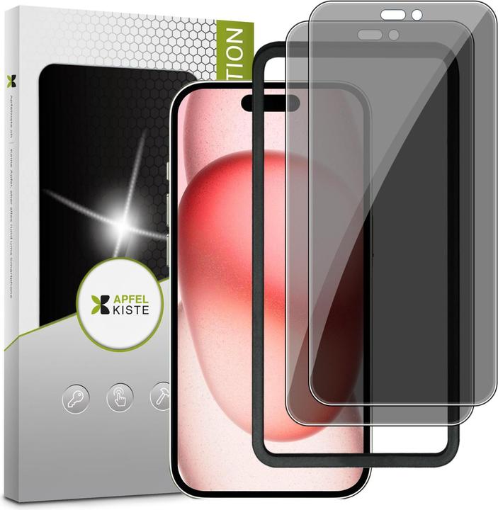 Apfelkiste - Privacy Panzer Glas Displayschutzfolie mit Montagerahmen (2er Set) (2 Stück, Apple iPhone 15, Apple iPhone 16)