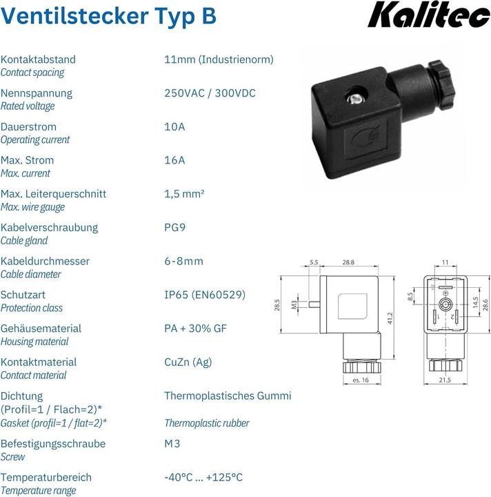 Produktbild Kalitec 5 Stück Ventilstecker Bauform B schwarz 3 polig I Kontaktfläche 28 x 21,5 mm² I PG9 I Kontak