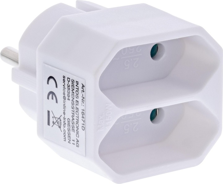 InLine Steckdosenadapter, CEE7/17 an 2x Eurobuchse, mit erhöhtem Berührungsschutz, weiss (CEE 7/16, 2 x)