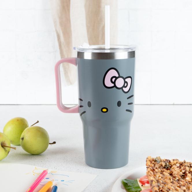 Produktbild pos Trinkbecher Hello Kitty mit Strohhalm Edelstahl grau 750ml