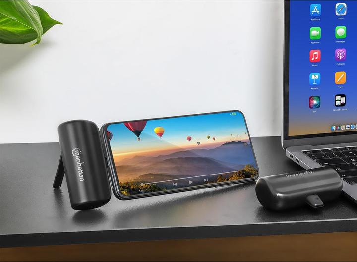 Produktbild Manhattan Powerbank 5000 mAh mit integriertem USB-C-Stecker 10W zur Nutzung als Handyhalterung mit L (5000 mAh, 10 W, 18.50 Wh)