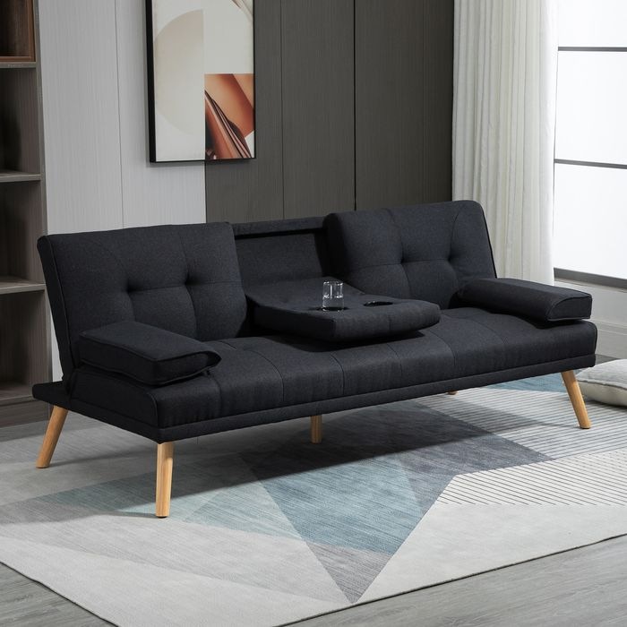 Produktbild Swisshandel24 Schlafsofa, 3-Sitzer-Schlafcouch mit Klappbarem Tisch, Becherhalter, Grau