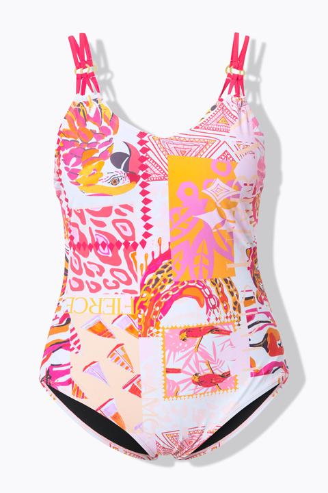 Actual product image Ulla Popken Patch Print Split Strap Swimsuit (48)