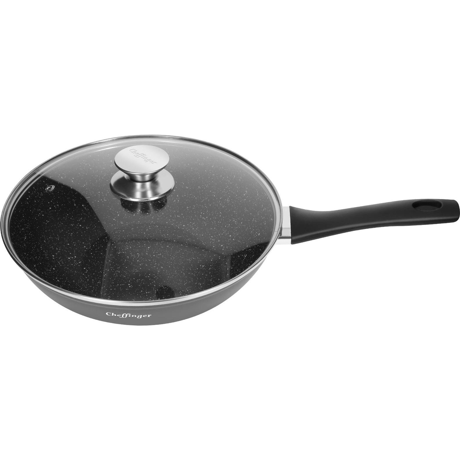 Cheffinger Wok 28 cm mit Marmorbeschichtung, Glasdeckel und Softgrip-Griff, Pfanne + Kochtopf, Transparent