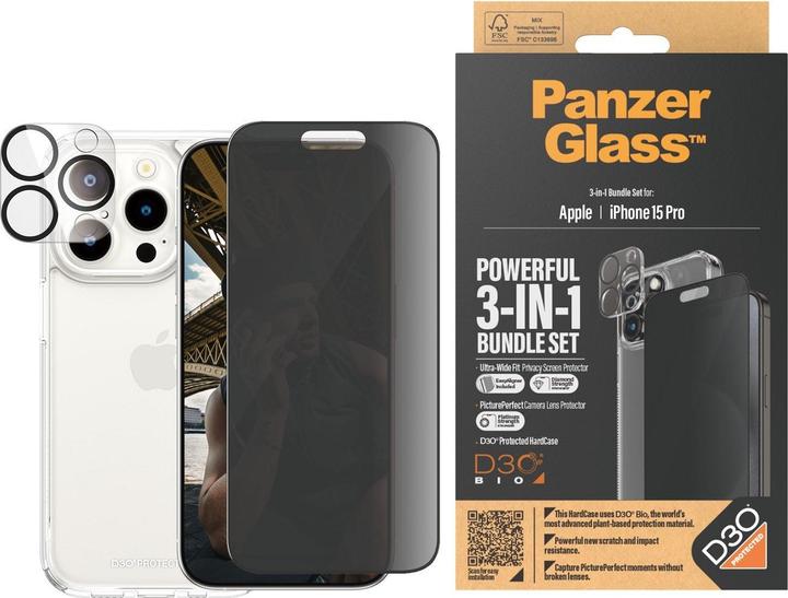 Productafbeelding PanzerGlass Privacy 3-in-1 pakket iPhone 2023 6.1 Pro (1 Pcs., Apple iPhone 15 Pro)