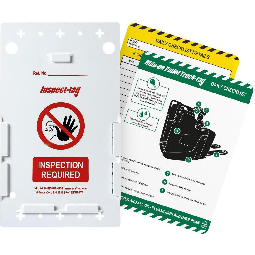 Brady, Segnaletica di sicurezza, ENT-GB-ETI-ROPT-2A, Kit di etichette per transpallet elevabile, 2 portaetichette di ispezione, 10