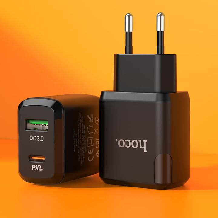 Produktbild Hoco - Wall Charger Favor (N5) - USB-A, USB Type-C, Q.C 3.0, PD 20W, 3.0A - Black (20 W, 2 Ports)