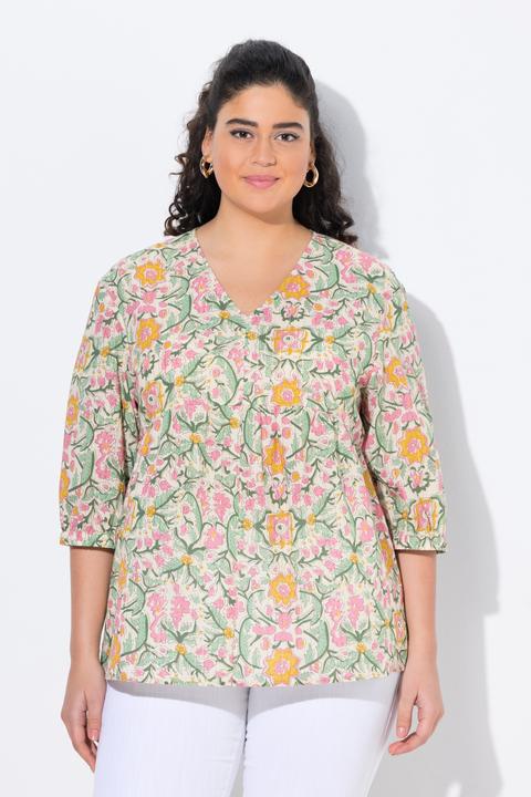 Immagine prodotto Ulla Popken Blusa dal taglio svasato con fiori, scollo a V e maniche a 3/4 (46, 48)