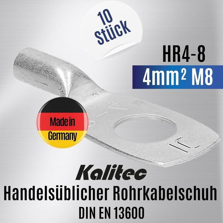 Produktbild Kalitec 10 Stück HR4-8 Handelsübliche Rohrkabelschuhe 4mm² M8 I ohne Sichtloch I Made in Germany