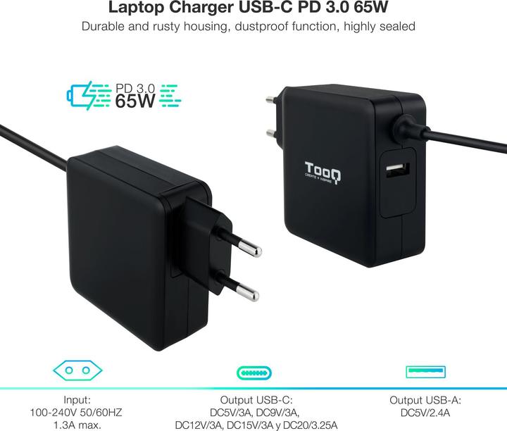 Produktbild Tooq Technology CARGADOR PORTATIL USB-C PD3.0 65W NEGRO (65 W, 1 Port)