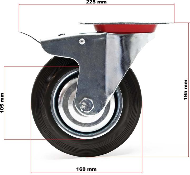 Image du produit Wiltec Kit Roulettes 160mm 130kg/roue 2x Pivotantes Double frein 2x Fixes Charge lourde Caoutchouc plein Tr