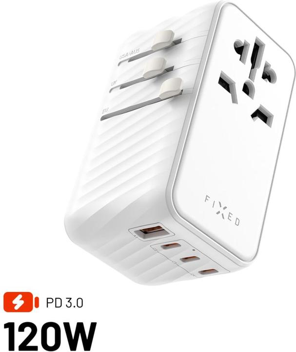 Actual product image Fixed Voyager World Adapter, 3xUSB-C/1xUSB, GaN, 120W, white