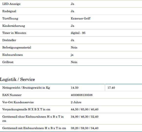 Valeurs nutritives et ingrédients PKM Four à micro-ondes encastrable MW800-20,8EB LxHxP 59,5 x 38,2 x 34,4 cm (20 l)