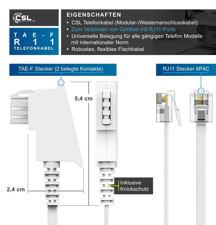 Produktbild CSL Telefonkabel Flach, TAE-F Stecker zu RJ11, Telefondose zu Telefon, Flachkabel, Fax, Anrufbeantworter