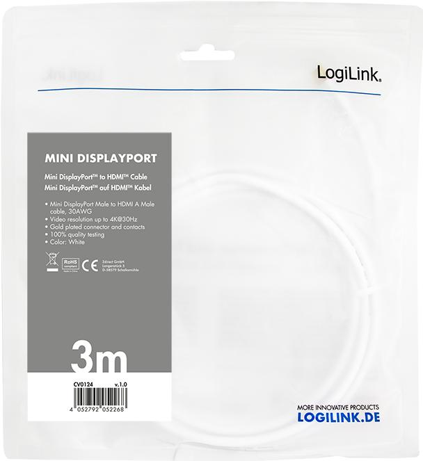 Produktbild LogiLink Mini DisplayPort — HDMI (Typ A) (3 m, DisplayPort, 1.2)