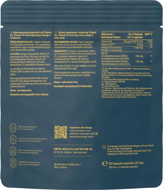 Produktbild BE THE CHANGE Vitamins D3 & K2 & Omega 3 (90 Stück, Kapseln, 53 g)