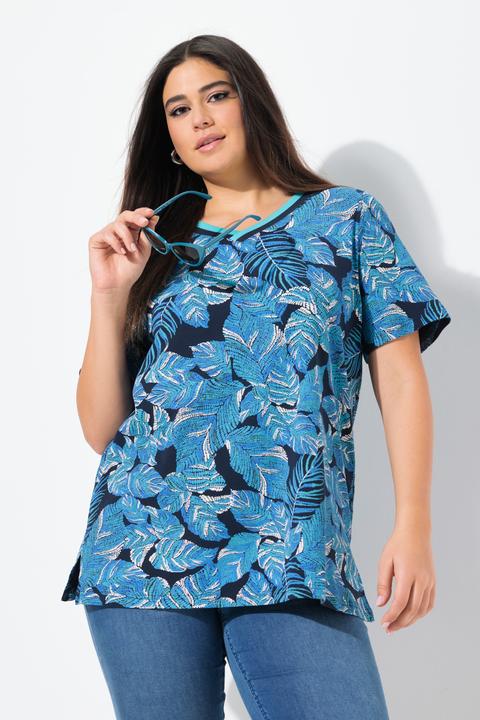 Immagine prodotto Ulla Popken T-shirt dal taglio svasato con foglie, scollo a V e mezze maniche ad aletta (62)