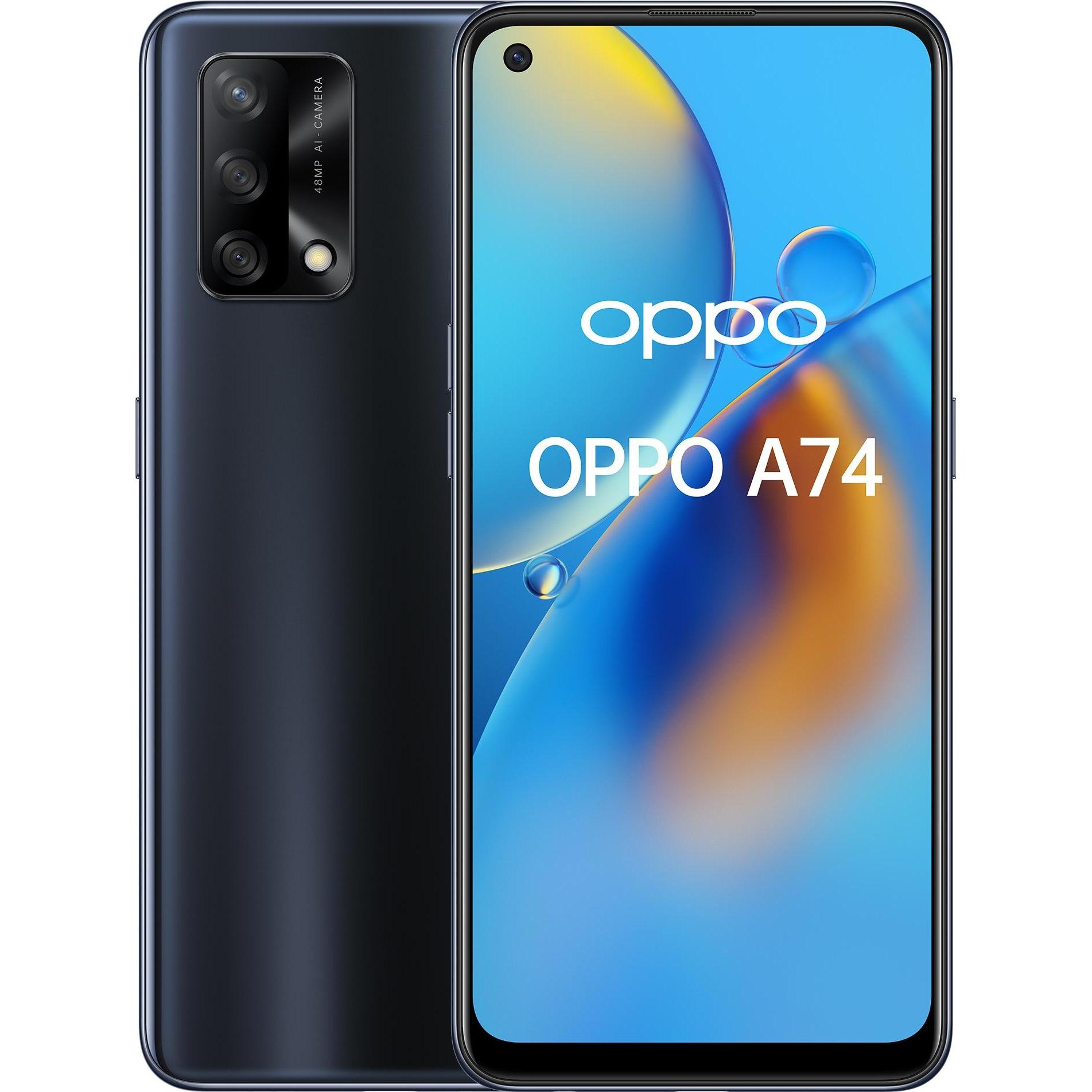 OPPO A74 (128 GB, Prism Black, 6.43", Dual SIM, 4G), Smartphone, Schwarz