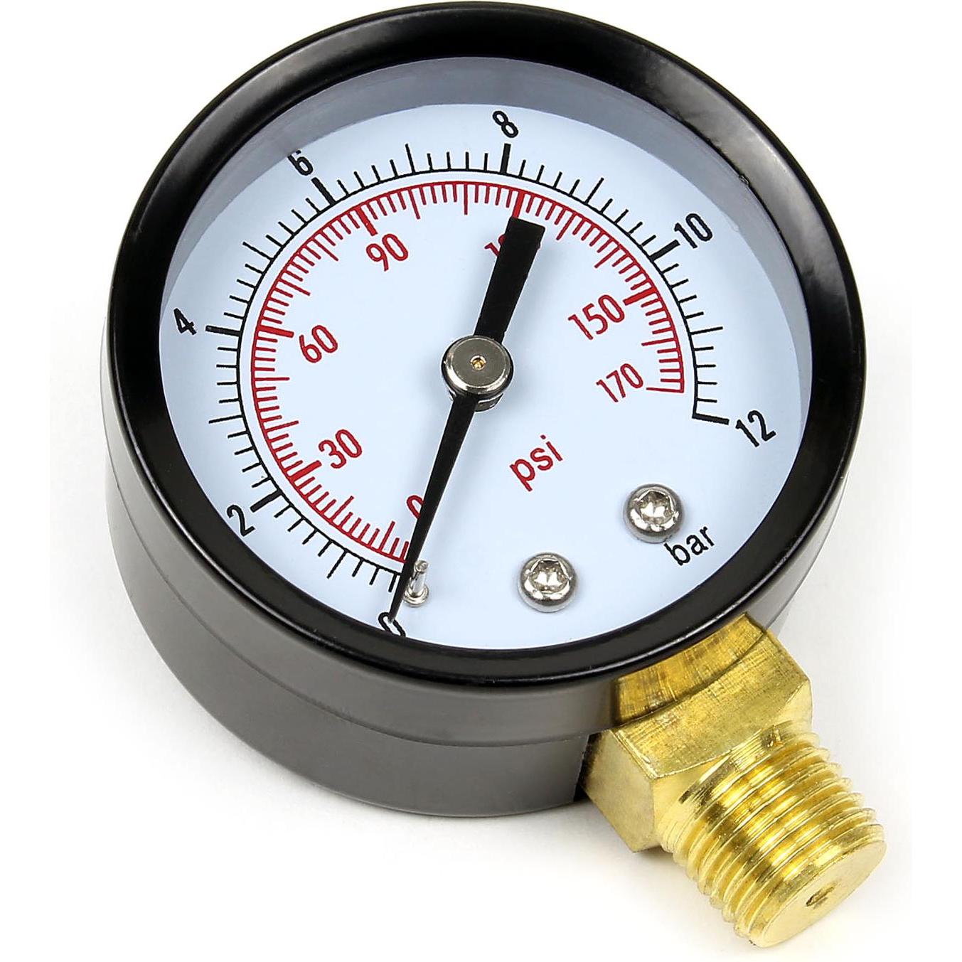 Thumbnail - Wiltec Druckanzeige Druckbehälter/ Manometer radial DN8 (1/4") 12.9mm 0-12bar 0-170PSI, Aquariumtechnik