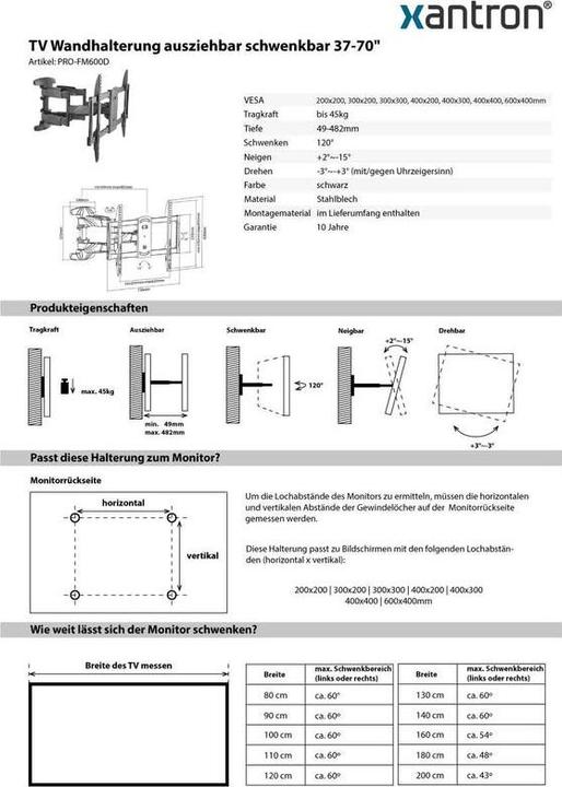 Actual product image Xantron PRO-FM600D (Wall, 45 kg, 37" - 70")