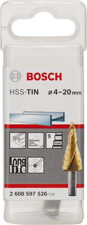 Produktbild Bosch Professional Zubehör Stufenbohrer HSS-TiN, 4 - 20 mm, 8 mm, 75 mm, 9 Stufen (20 mm)