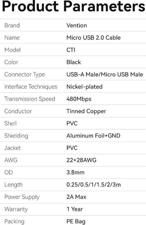 Nährwerte und Zutaten Vention USB 2.0 Male to Micro-B Male 2A 1m CTIBF (black) (1 m, USB 2.0, 60 W)