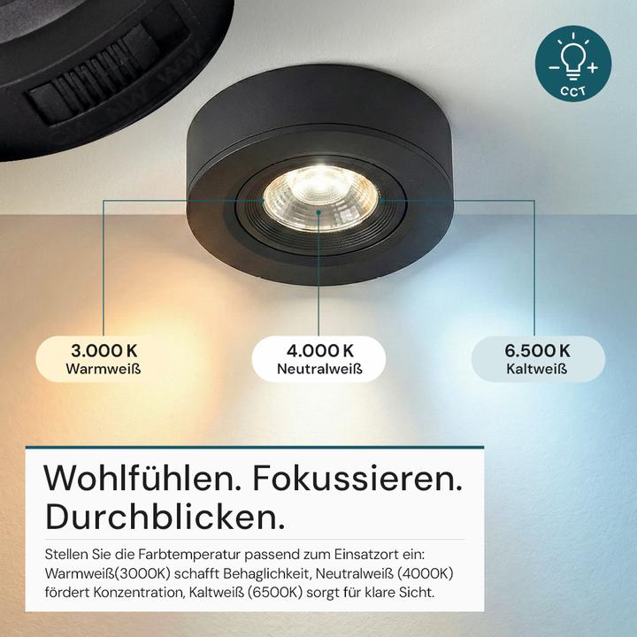 Produktbild Luxula LED CCT Downlight, Ein- und Aufbaustrahler, schwenkbar, schwarz, dimmbar, 5 W, 420 lm (420 lm)