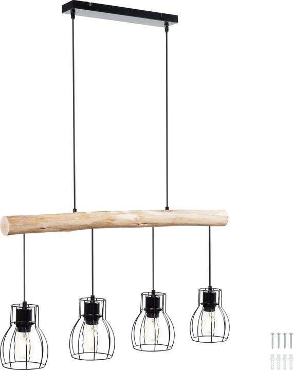 tectake Pendelleuchte Woody, 4-flammig, mit Holzbalken, 40 W (E27)