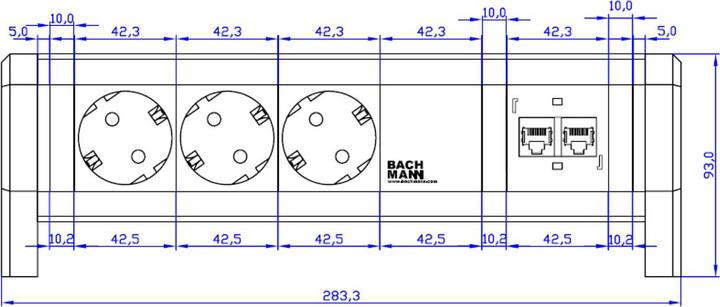 Productafbeelding Bachmann Tafelcontactdoosstrook 3 zwarte geaarde contactdozen. 2 CAT5e RJ45 bus/aansluitingStroomingang: GS (3 x, CEE 7/3)