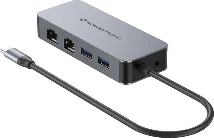 Actual product image Conceptronic Adapter USB-C->2xRJ45+2xUSB-A3.2 5Gbps (USB-C, 2 ports)