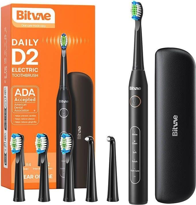 Image du produit Bitvae Brosse à dents sonique avec embouts et étui de transport D2 (noir) (Brosse à dents sonique)