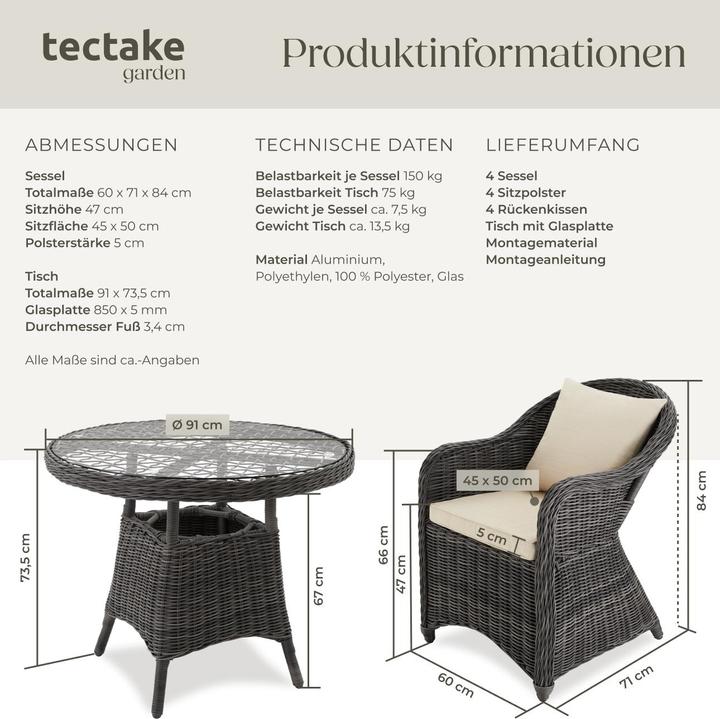 Produktbild tectake Rattan Sitzgruppe Zürich 4+1 (91 x 73.50 cm)