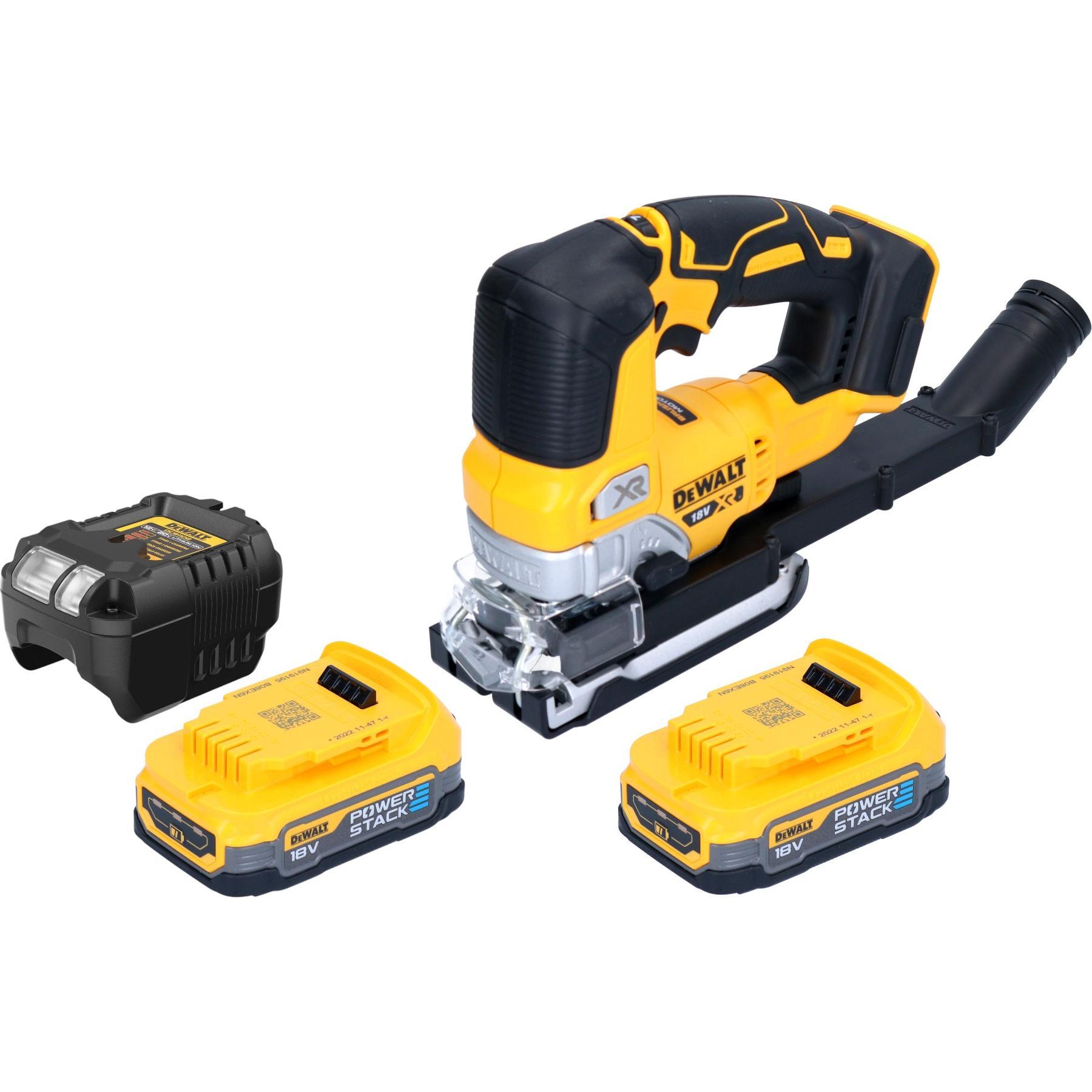 DeWalt, Stichsäge, DCS 334 E2 Akku Pendelhub Stichsäge 18 V Brushless + 2x Powerstack Akku 1,7 Ah + Ladegerät